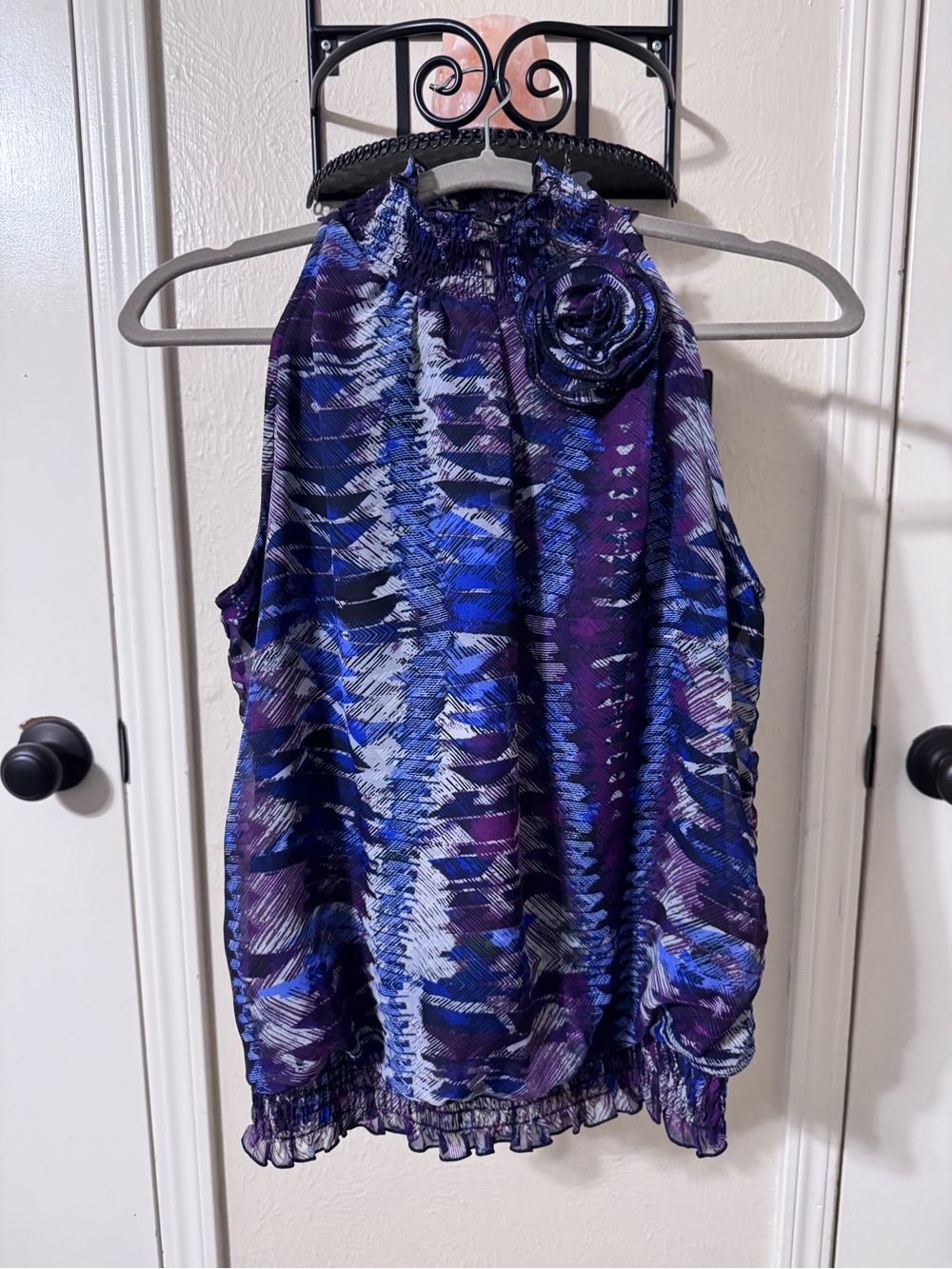 I.N. San Francisco Size L Purple & Blue Printed Halter Blouse w/Rosette